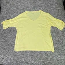 Talbots Shirt Womens XL Yellow V Neck Ruched Sleeve Cotton Modal Slub Knit Top