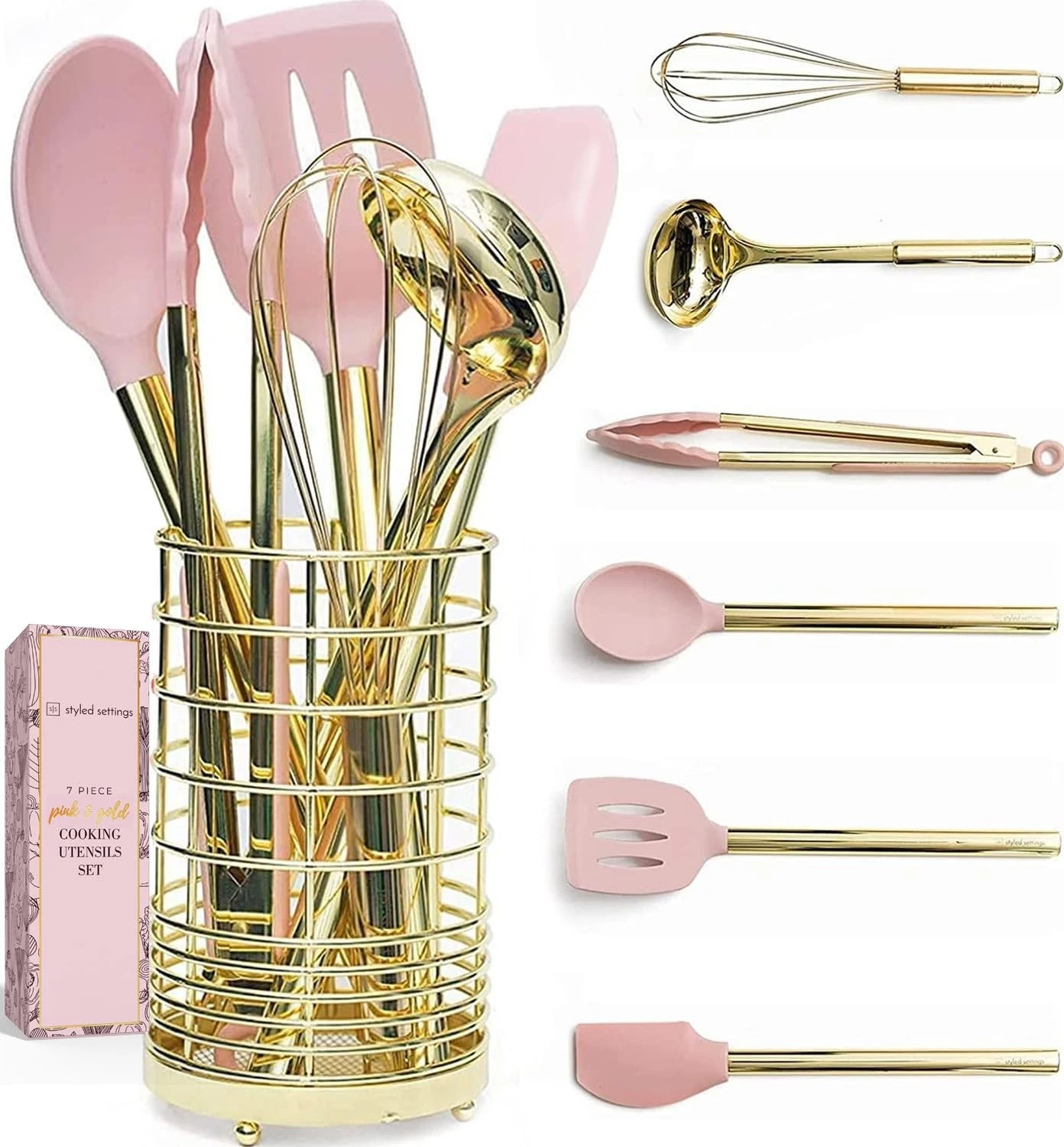 Gold and Pink Kitchen Utensil Set with Holder - 7-Piece Cooking Tools with Go...