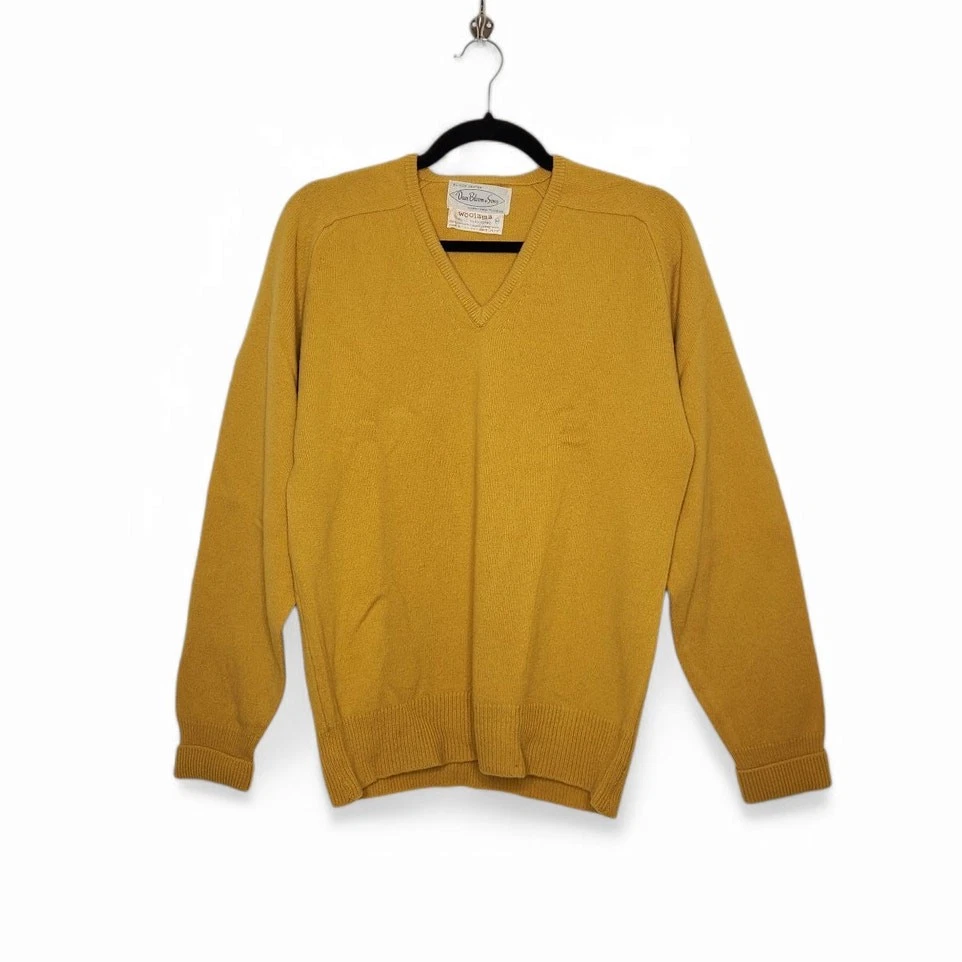 Vintage 60s 70s Dave Bloom Sons Woolama Yellow Wool Sweater V Neck VTG