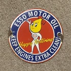 Vintage ESSO Motor Oil HAPPY MOTORING Oil Drop Girl 6" Metal Porcelain Sign