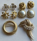 Lot 6 Vintage Crown Trifari Brooches Clip On Earrings Pearls Gold Tone
