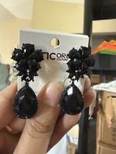 Black Clip Ons  Rhinestone  Earrings Pageant Teardrop CLIP ON Flower