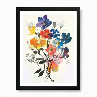 Flachs Blume Collage Blumenstrauß gerahmt Wandbild Poster Leinwanddruck Bild