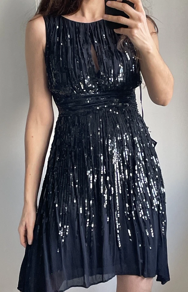 Vestido Elisabetta Franchi Midi Talla 10 S Adornado Con Lentejuelas Flotante Foto 3 de 4