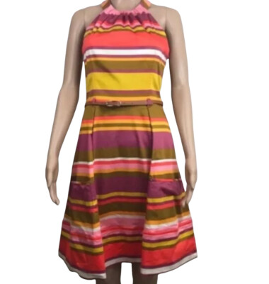 New Directions Women's Halter dress belted front pockets striped size 8