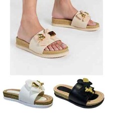 Ladies Wedge Mules Sandals Womens Flatform Shoes Bow Espadrille Hessian Slides