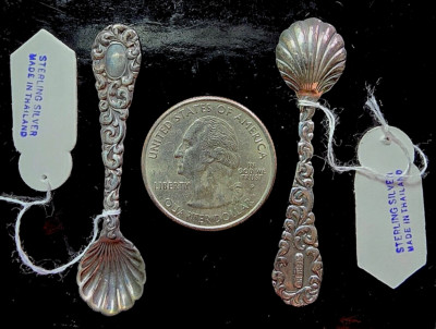 Two miniature ornate STERLING SILVER SALT SPOONS scalloped scoops, 2'', Thailand