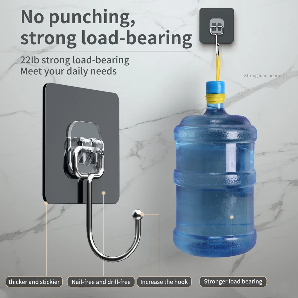 10/20/30 PCS Stainless Steel Adhesive Sticky Hooks Heavy Duty Wall Hook Hangers - Image 4 of 4