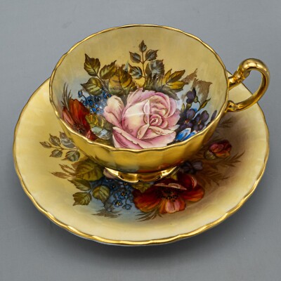Aynsley England Cabbage Rose Flower Gold Tea Cup & Saucer JA Bailey Yellow
