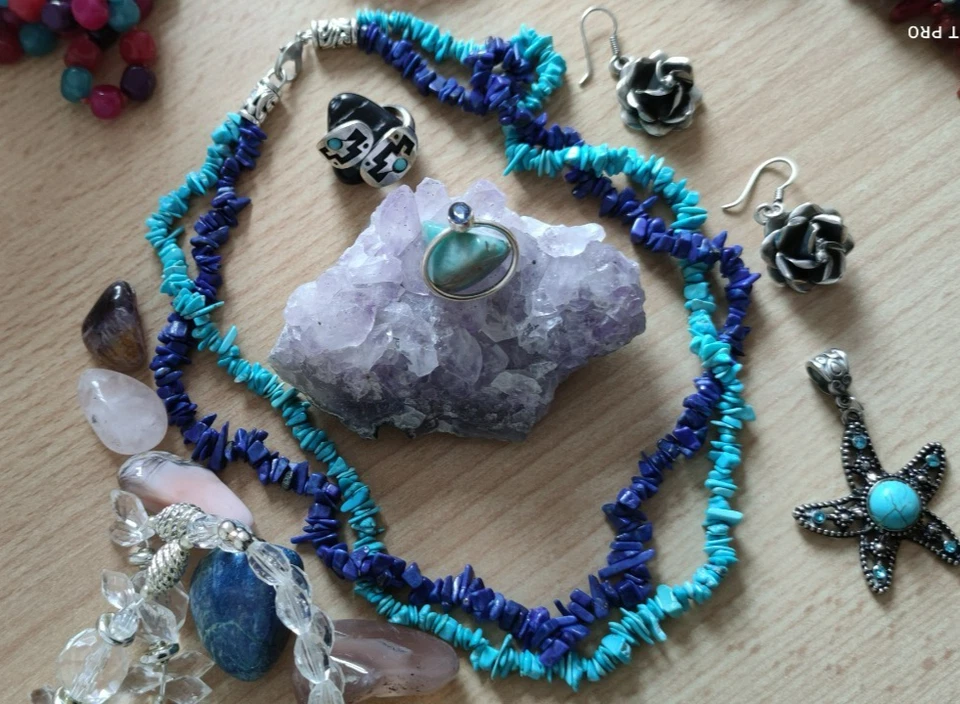 Natursteinkette Silberring dunkelblau türkis Set Kette Ring 925 Silber Seestern - Bild 2 von 3