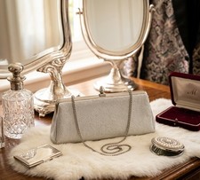 Vintage Shiny Metallic Silver Clutch Purse With Short Chain Strap 1960 s