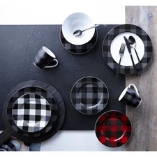 Dinnerware Buffalo Plaid Grey/Black 16PC Dinnerset Porcelain