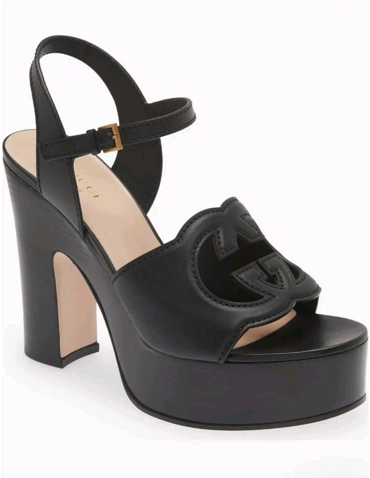 Sandale Gucci plateforme G imbriquée 1 cuir noir Cosmos 39,5 US 9,5 neuve dans sa boîte