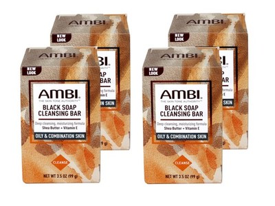 4 Pack Ambi Black Soap Cleansing Bar with Shea Butter Vit E for Oily Skin 3.5 OZ