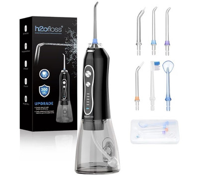 h2ofloss Cordless Water Flosser Oral Irrigator, Black/Clear, Tips & Case