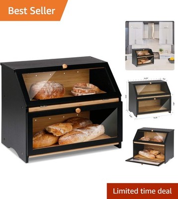 Farmhouse Chic Bamboo Bread Keeper   Double Layer with Convenient Viewing Window