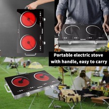 Portable 2 Zone Ceramic Hob 3200W Plug In Electric Cooker Safety Lock 56cm