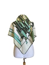 H75 Vintage Abstract Geometric Silk Scarf Green Ivory Modern Art Square