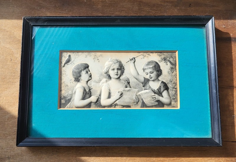 Antique Art Relievo 1896 Spring "Song" Girls Bird Framed Art ~12"x8" Puffy 3D