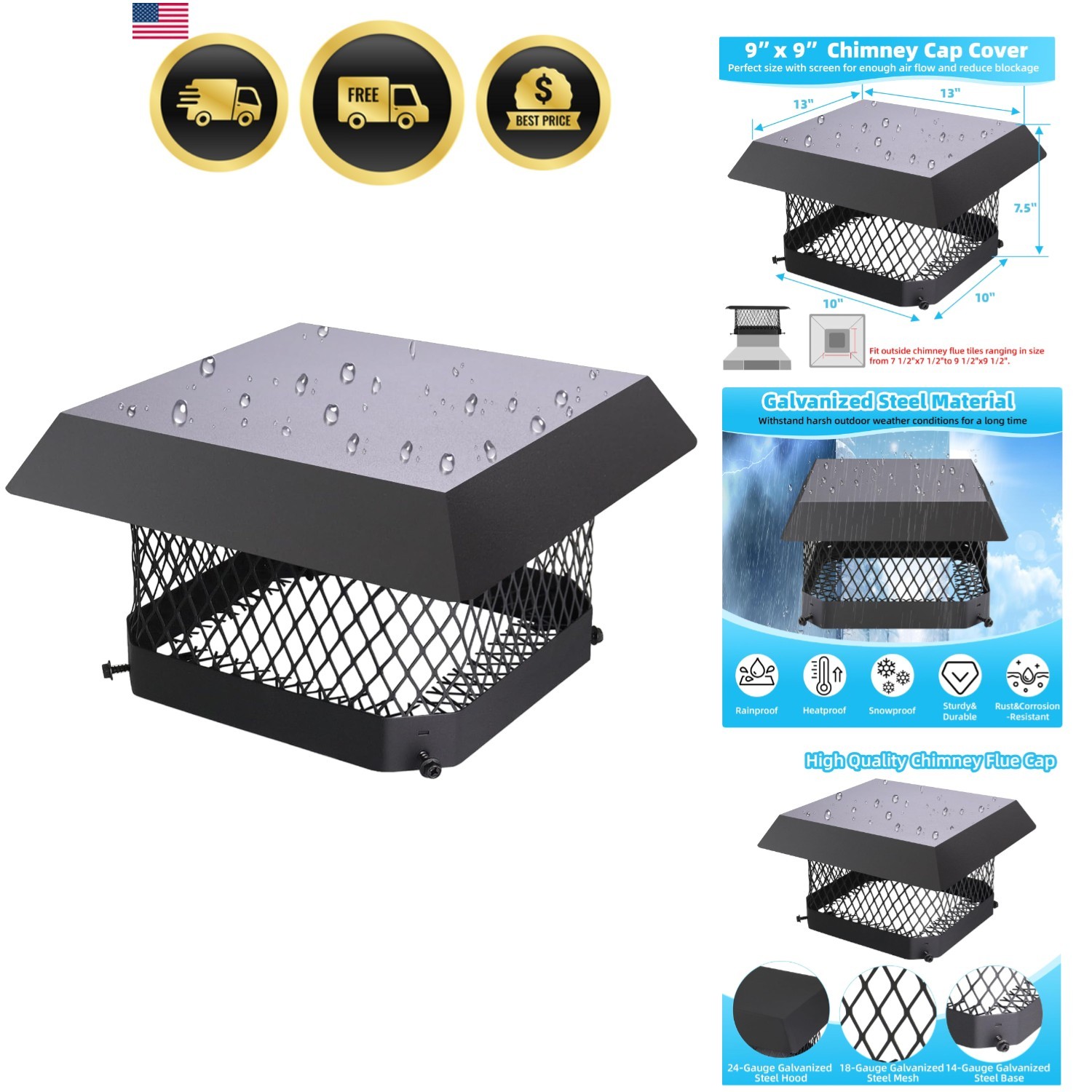 Chimney Cap Rain Cover Vent Cap for Outdoors 9x9 Inch Galvan