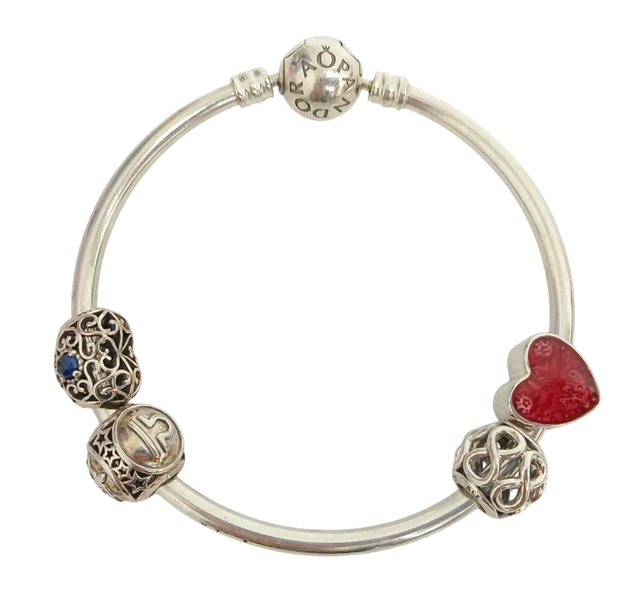 Pandora 'Unique As You Are' 925 Sterling Silver 16cm Bangle & X4 Charms 18.59g