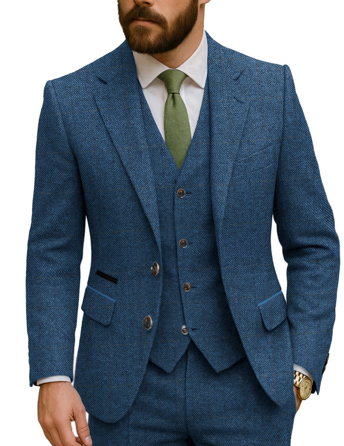 Men's 3 Piece Suit Wool blend Herringbone Tuxedo Suits Blazer Vest Pants 42r 44r