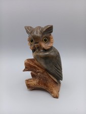 Alabaster Horned Owl Figurine Carving Made in Italy 5.5" X 3" Marble Glass Eyes