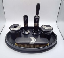 Antique Polished Ebony And Hallmarked Silver Dressing Table Vanity Set  - c1890s