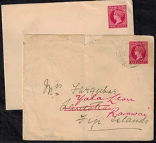 Falkland Islands 1907 QV Postal Stationery Envelopes 1d Mint & Used to Fiji RARE
