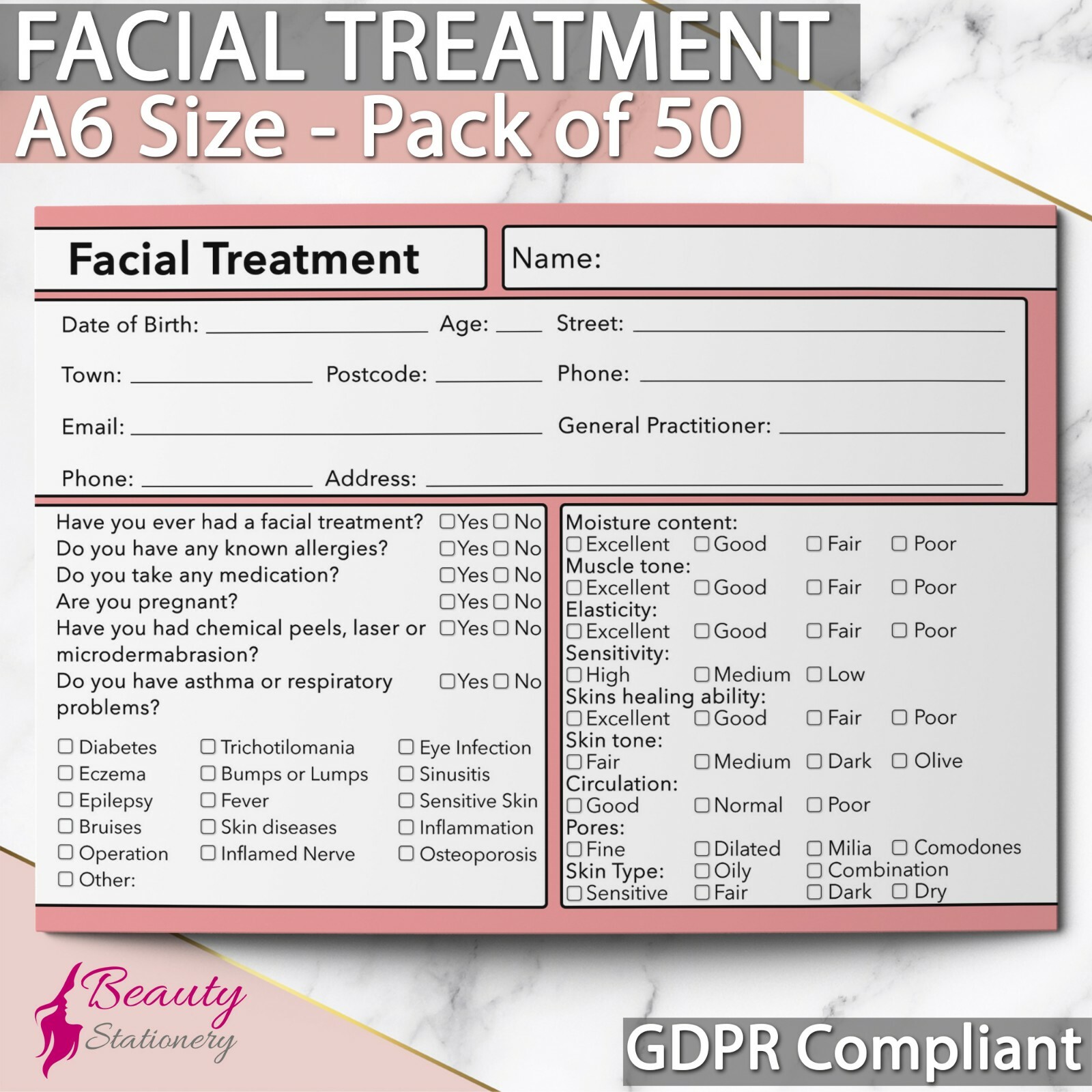 Facial Treatment Client Record Card GDPR Compliant PREMIUM NEW Consultation 50
