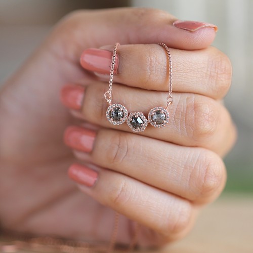 1.03 Ct Mix Shape Cut Salt And Pepper Diamond 14K Rose Gold Engagement Pendant - Picture 3 of 9