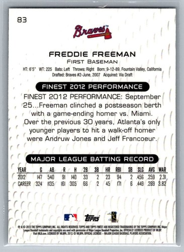 Freddy Freeman 2013 Topps Finest #83 - Picture 2 of 2