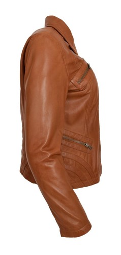 Ladies Leather Classic Biker Jacket Slim Fit Casual Zip Box Style Nova Tan - Picture 6 of 8
