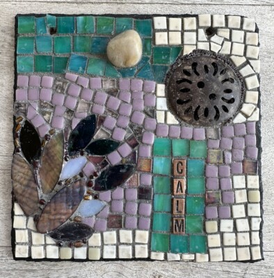 Mosaic Garden Art On Slate,  CALM   Glass, Ceramic, Leaves, Iridescent 7  Square