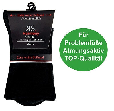 2 Paar Damen Harmony Diabetiker Socken ohne Gummi extra weiter Softrand schwarz