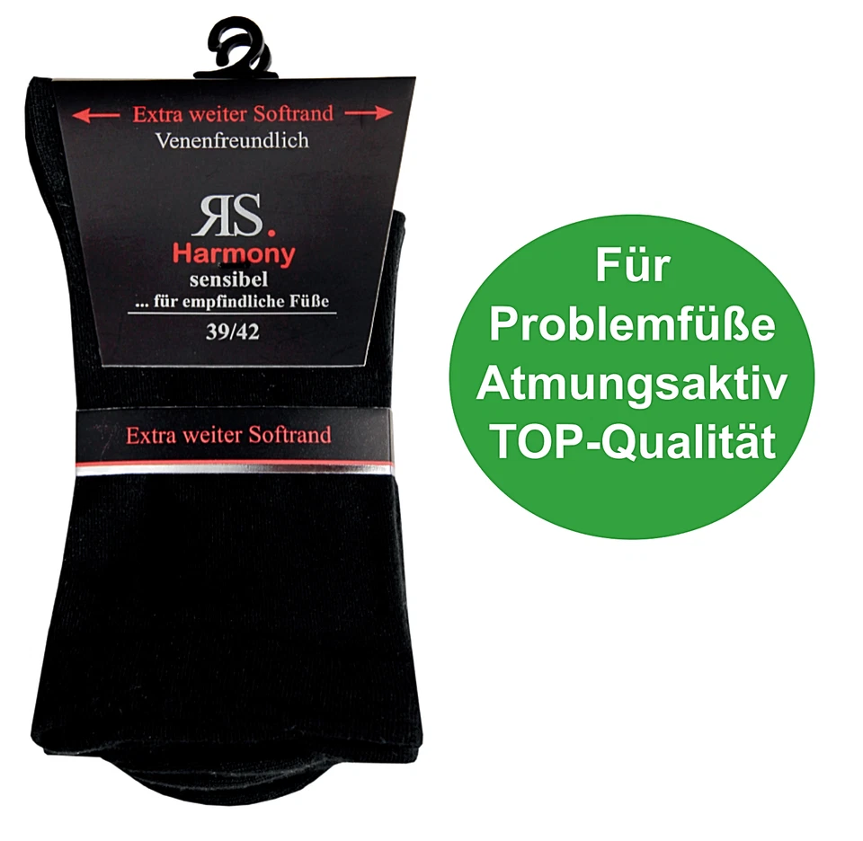 RS HARMONY 2 Paar Damen Harmony Diabetiker Socken ohne Gummi extra weiter Softrand schwarz