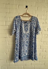 Izabel London Floral Tunic Dress Short Sleeved White & Blue With Lace Uk 12