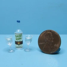 Dollhouse Miniature Replica White Wine Bottle with 2 Filled Glasses FA11341