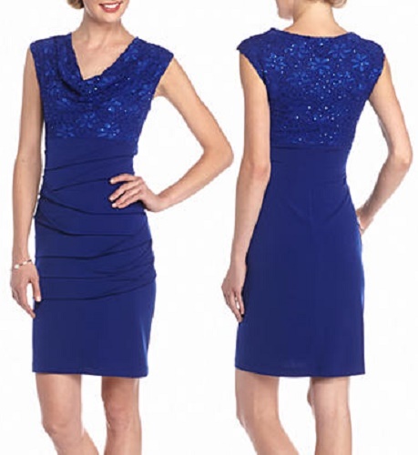 Connected Apparel Cobalt Blue Lace w/Sequin Bodice Stretch Jersey Sheath  Dress