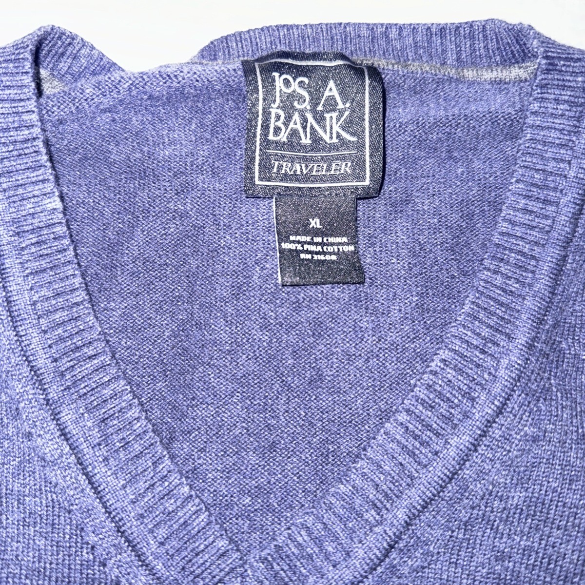 Jos A Bank Sweater Adult XL Blue 100% Pima Cotton V-Neck Casual 