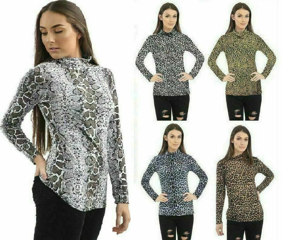 METLUQ New Womens Ladies Leopard Print Long Sleeve Turtle Polo Neck T-shirt Top UK 8-26