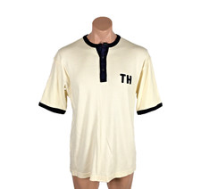 Tommy Hilfiger TH logo T-shirt Men's Large Ivory Rugby Polo button Vintage y2k