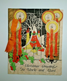Vtg Christmas Card COLORFUL Orange Home Tree Couple Black Sky Candles Aglow 20's