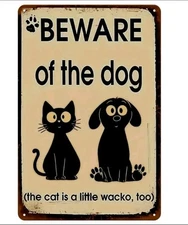 Funny Beware of Dog Cat Metal Sign Rustic Wall Decor Gift for Pet Lovers 8x12 In