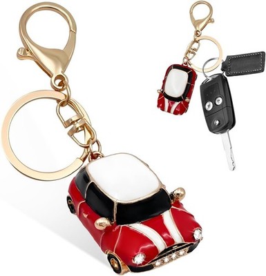 Rhinestone Detailed 3D Cute Car Model Keychain, Mini Metal Car Key Chain with Ri