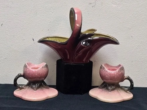 Vintage Hull Pottery Pink Swan Console Set L-10 Basket & Candleholders