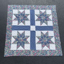 Vintage Sunflower Star Square Quilt 38 x 38 in Blue Handmade Farmhouse Boho