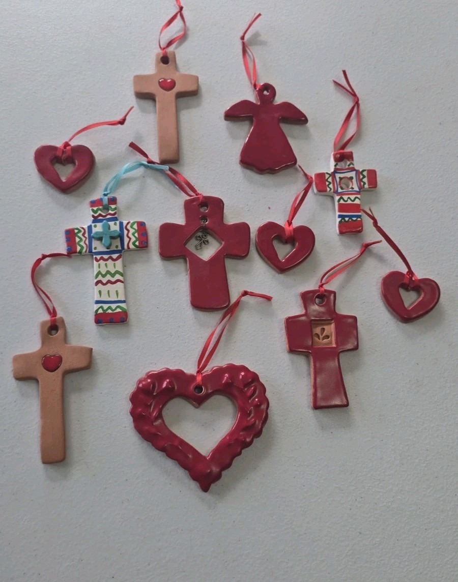 11 Pottery Cross / Angel / Hearts Handmade Ornaments Lot  Mexico (A) Crosses