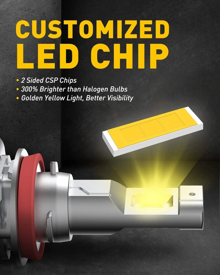 H11 H8 Fanless LED Fog Light Bulbs - 6000LM, 3000K Golden Yellow, Pack of 2 - Image 4 of 4