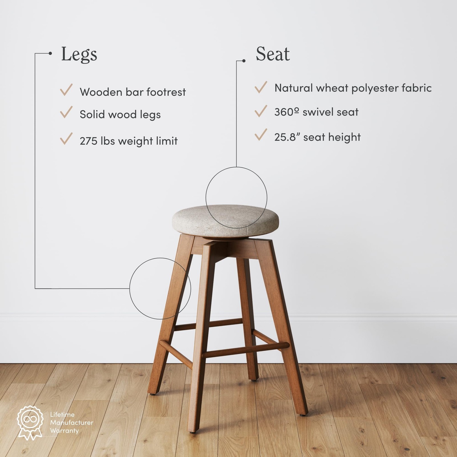 Amalia Backless Kitchen Counter Height Bar Stool, Solid Wood with 360 Swivel ...
